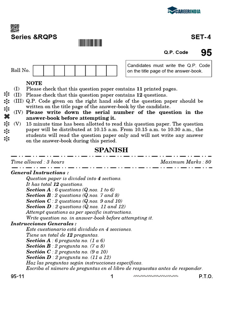 CBSE Class 12 Spanish Question Paper 2024 | PDF | Pablo Picasso | Machu ...