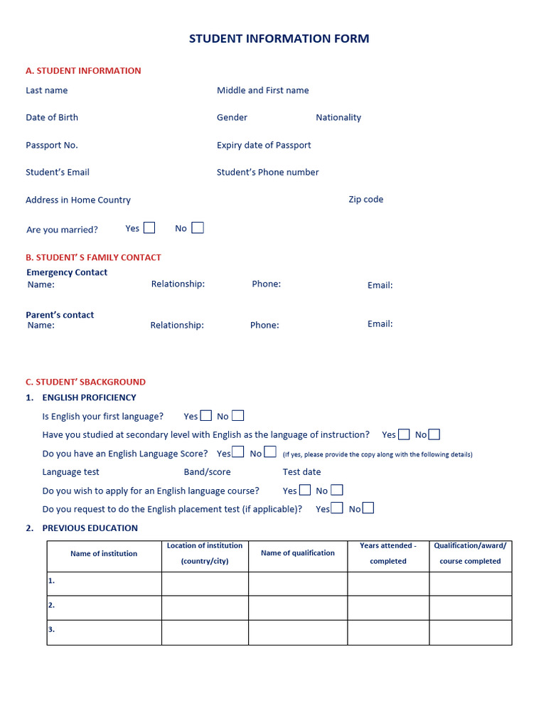 (June - 2024) Fillable - Student Information Form | PDF