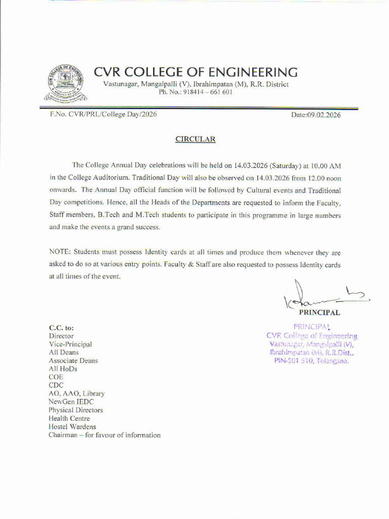 Circular - Reg. College Annual Day 2026 | PDF