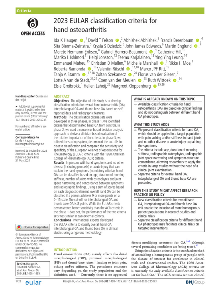EULAR Classification For Hand OA | PDF | Joint | Arthritis