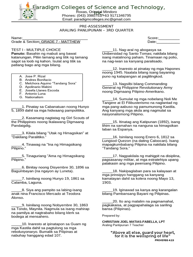 Ap7 3rd Pre-Test | PDF