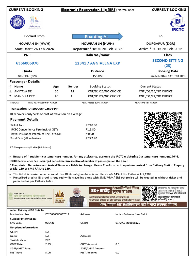 Agniveena Exp Second Sitting (2S) : Current Booking Electronic ...