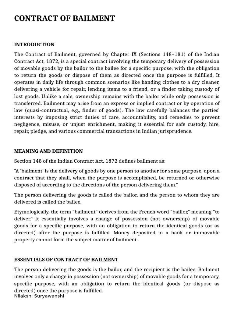 Contract of Bailment by K | PDF | Indemnity | Damages
