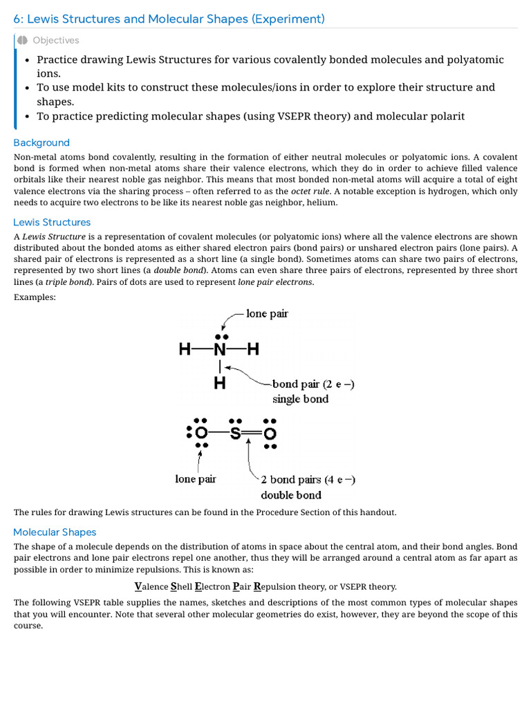 6 - Lewis Structures and Molecular Shapes (Experiment) - Chemistr | PDF ...