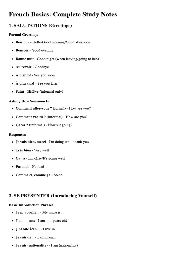 French Basics - Complete Study Notes | PDF