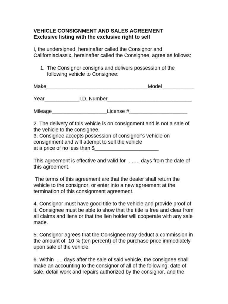 Auto Dealer Consignment Agreement | PDF | Indemnity | Insurance