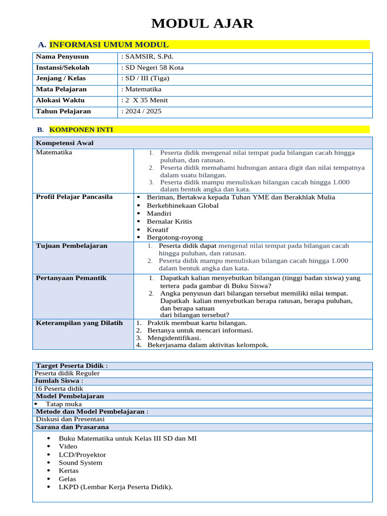 Modul Ajar Matematika Kelas 3 Semester 1 2024 | PDF