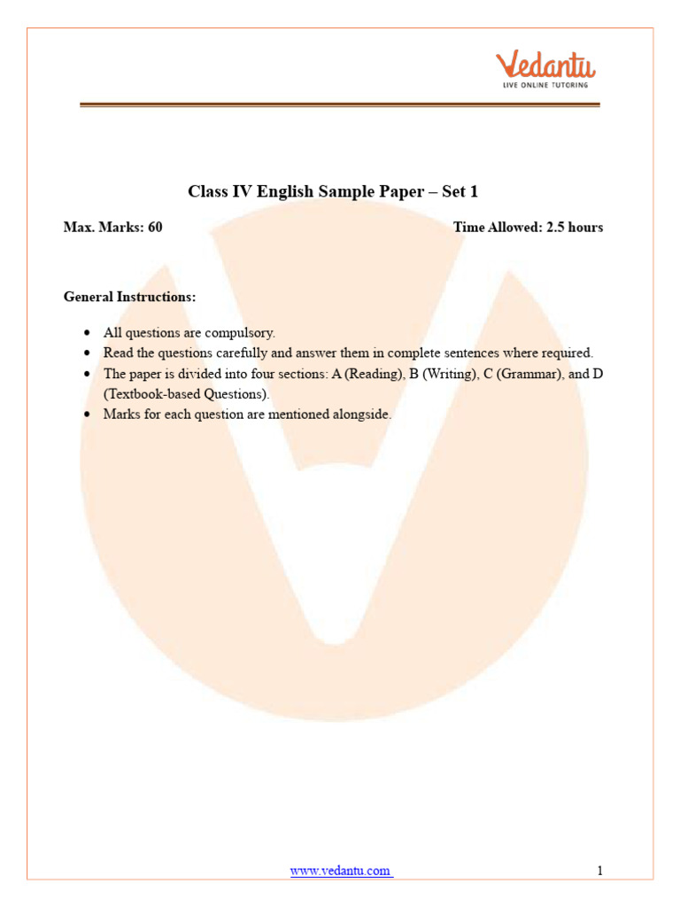 CBSE Class 4 English Sample Paper Set 1 FREE PDF Download (2025-26) | PDF