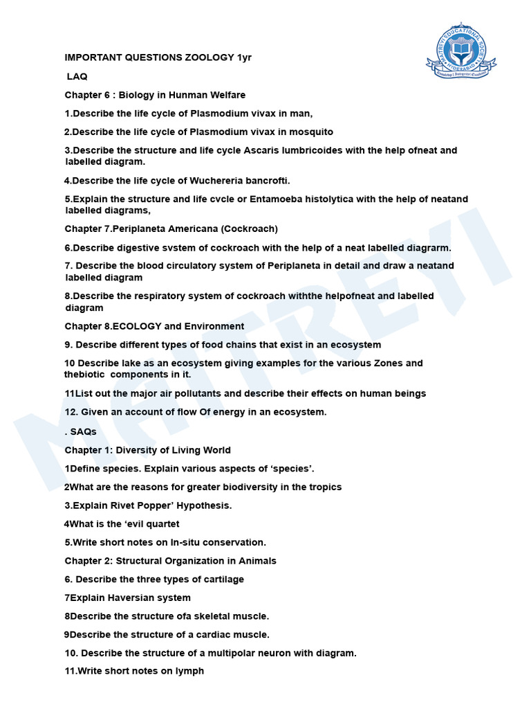 Zoology 1 Year Important Questions | PDF | Reproduction | Protozoa
