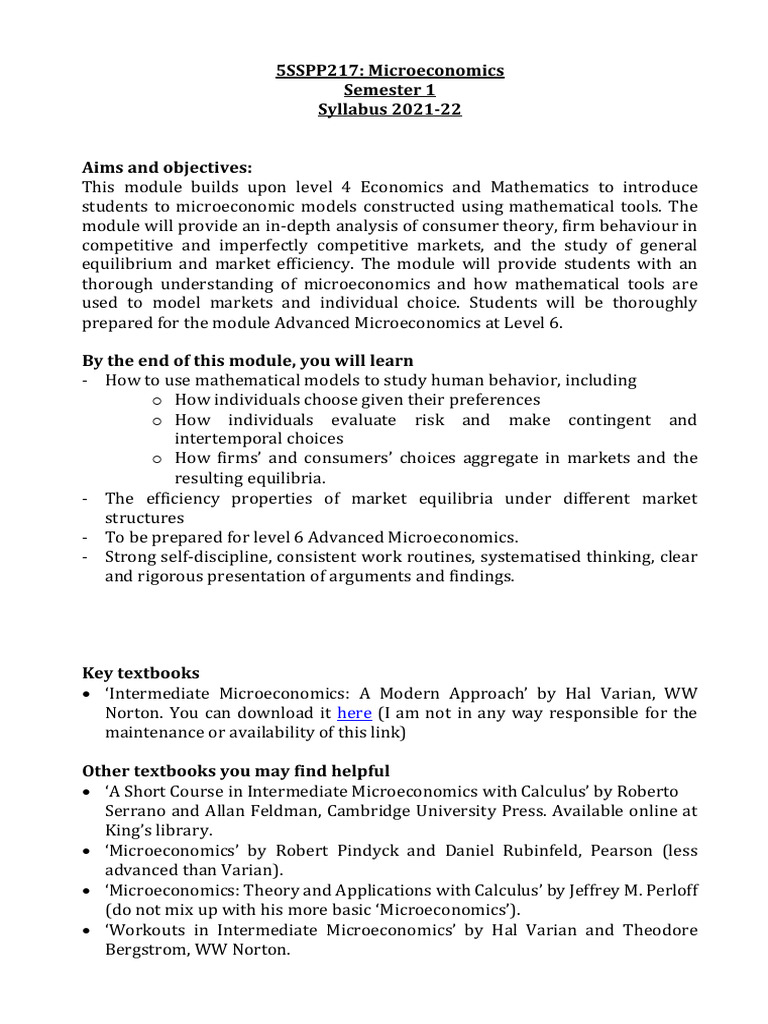 5SSPP217 Microeconomics Module Outline | PDF | Microeconomics | Market ...