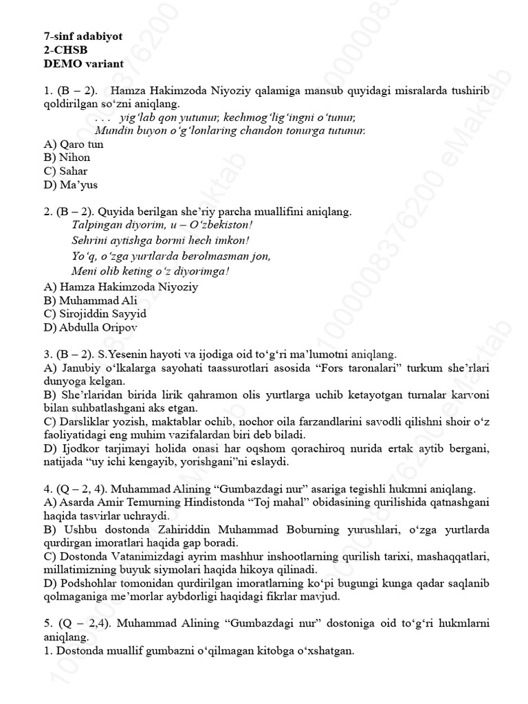 7 Sinf Adabiyot 2 Chorak DEMO Variant | PDF