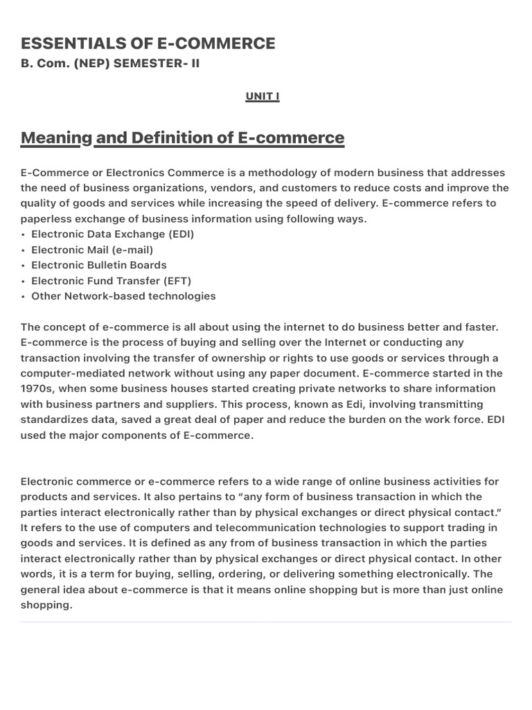 Essentials of E-Commerce Unit 1,2 & 3 | PDF | E Commerce | Online Shopping