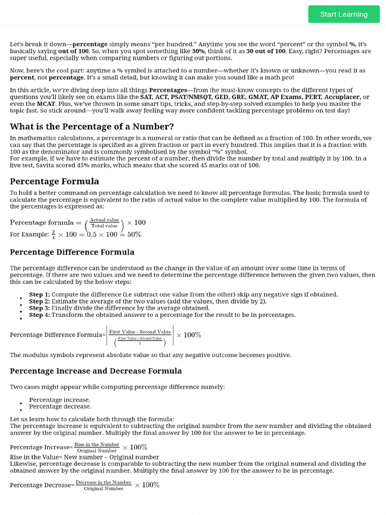 SAT Percentage - Definition, Formulas, Applications With Example | PDF