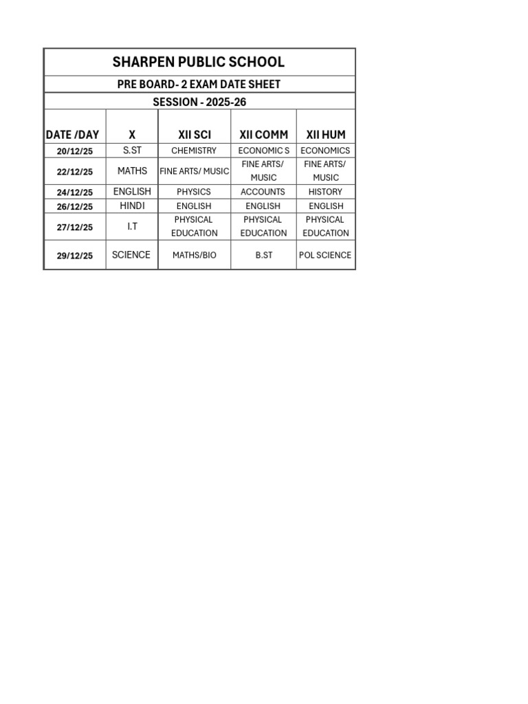 Pre Board - 2 Date Sheet | PDF