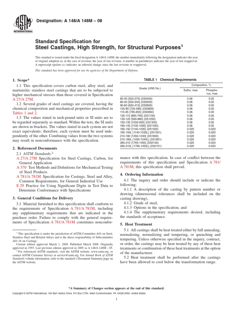 ASTM A 148 A 148 M-08 Standard Specification For Steel Castings, High ...
