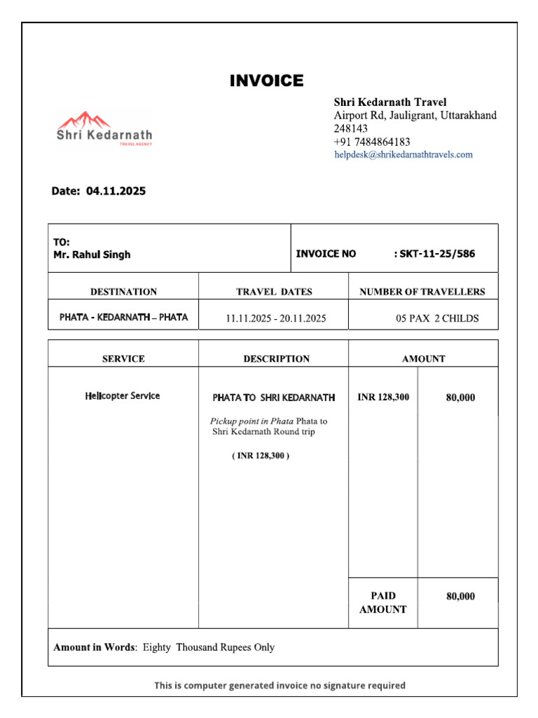 Kedarnath Tour Invoice | PDF