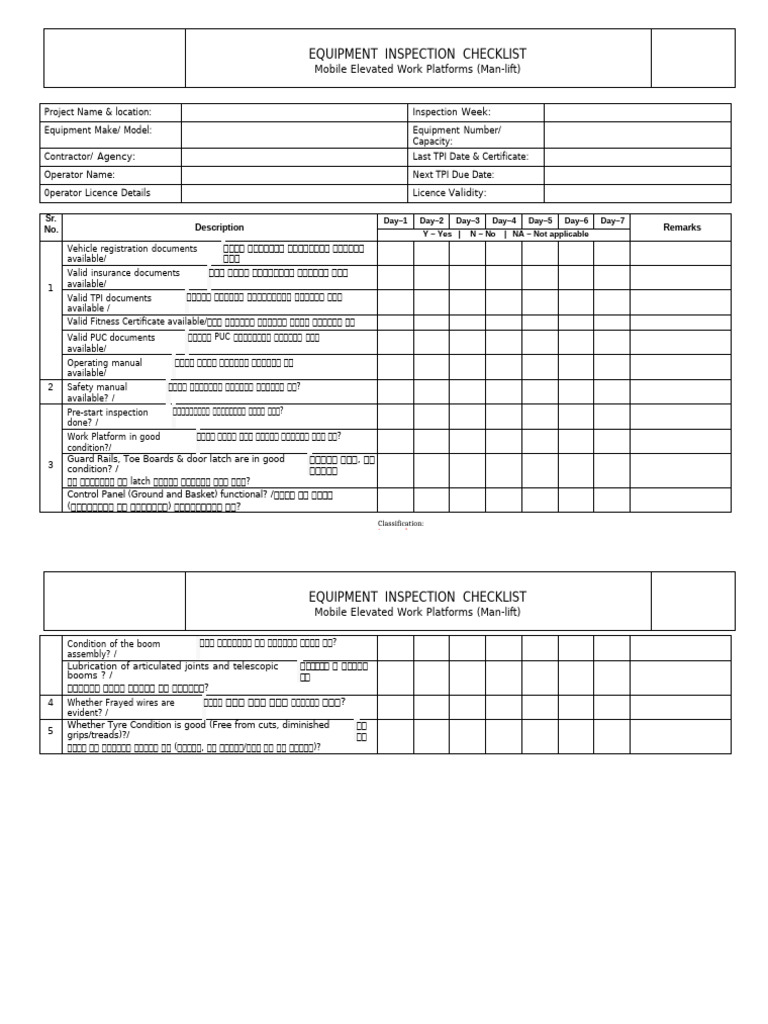 Equipment Inspection Checklist - MEWP (Manlift) | PDF
