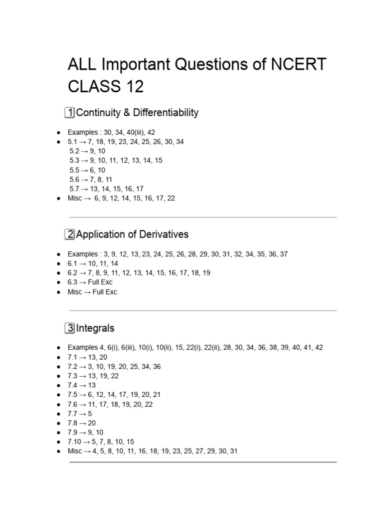 ALL Important Questions of NCERT CLASS 12 | PDF