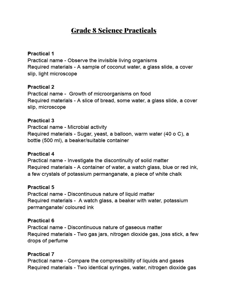 Grade 8 Science Practicals | PDF | Materials