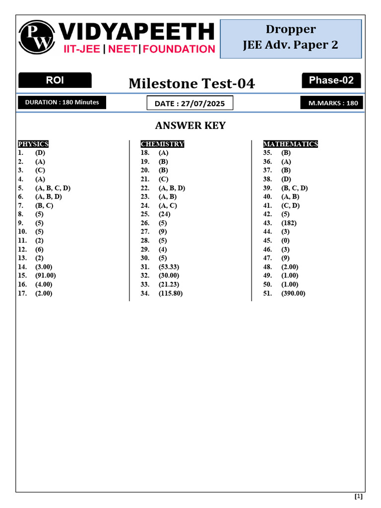 Milestone Adv Test 04 Paper 02 Dropper Phase 02-27-07 2025 Solution ...