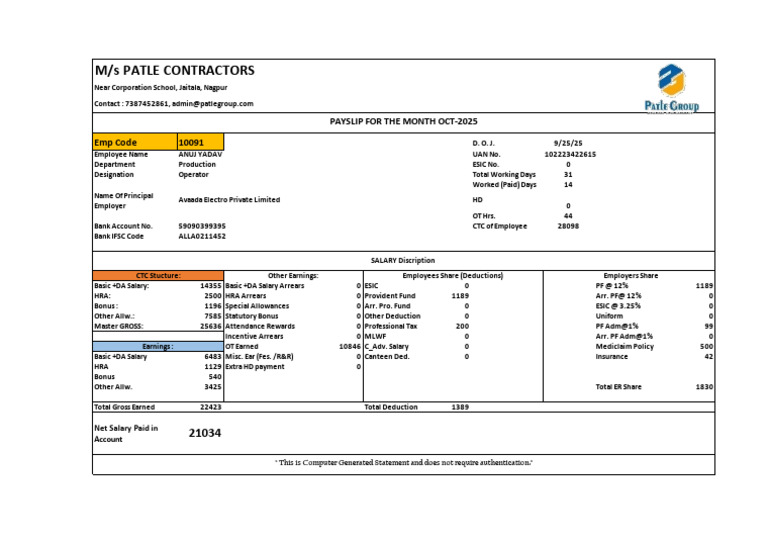 M/S Patle Contractors: Emp Code 10091 Payslip For The Month Oct-2025 ...