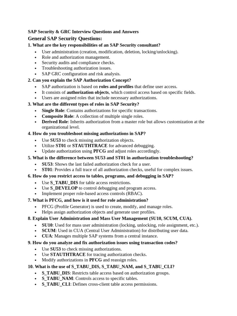 SAP Security & GRC Imp Interview Q&a | PDF | Audit | Computer Security
