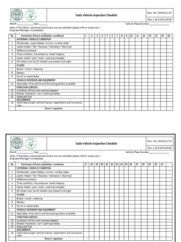 Daily Vehicle Inspection Checklist 1 | PDF | Vehicles | Tire