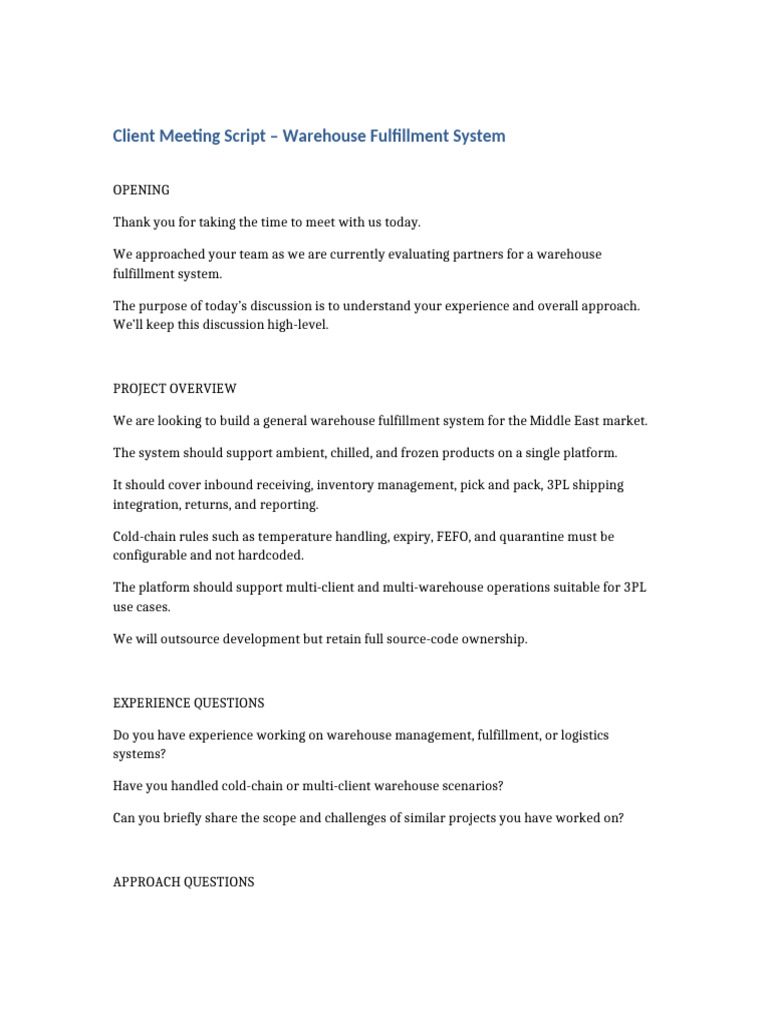 Client Meeting Script WMS | PDF