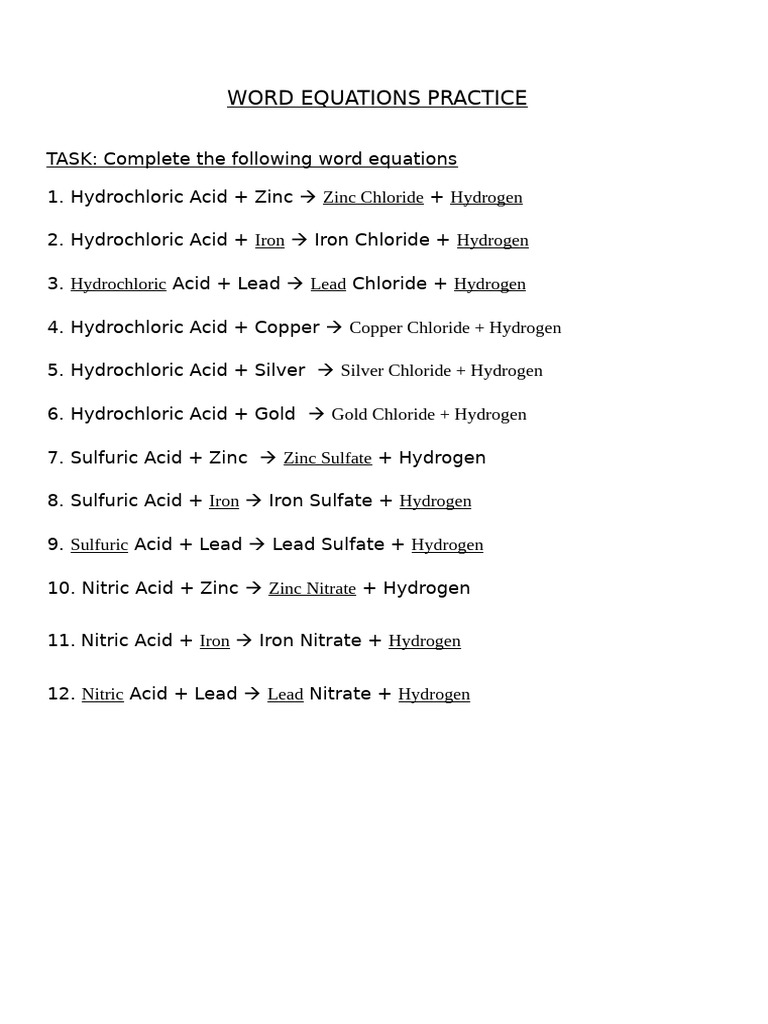 Science Worksheet (Word Equation Practice) | PDF