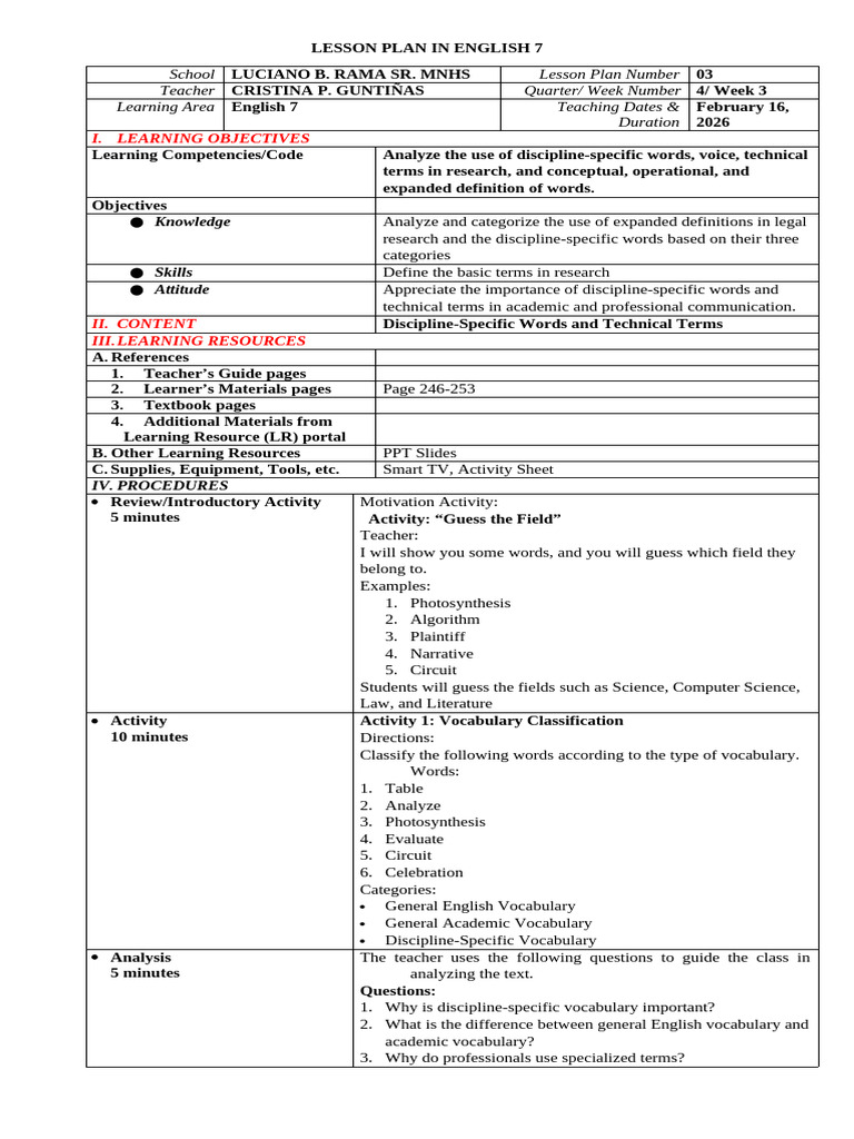 Lesson Plan in English 7 No. 3 | PDF | Grammatical Tense | Verb