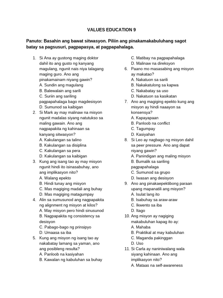 Values Education 4th Grading Exam | PDF