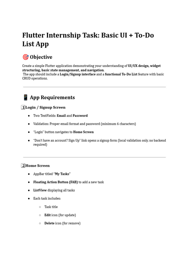 Flutter Internship Task - Basic UI + To-Do List App | PDF