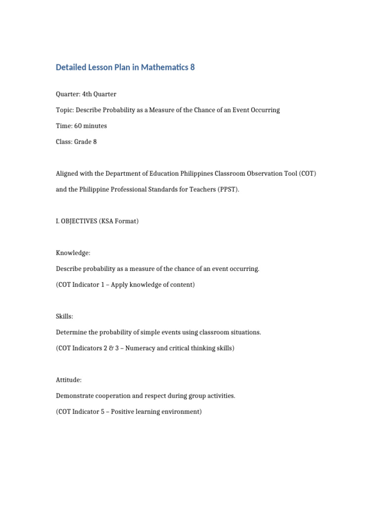 Grade8 Probability COT 4as LessonPlan | PDF | Probability | Learning