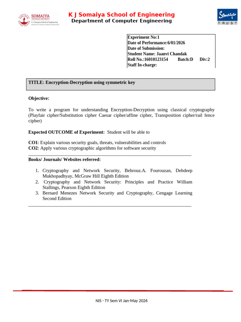 Experiment1 NIS 2025-26 EncryptDecrypt 186 | PDF | Cipher | Cryptography