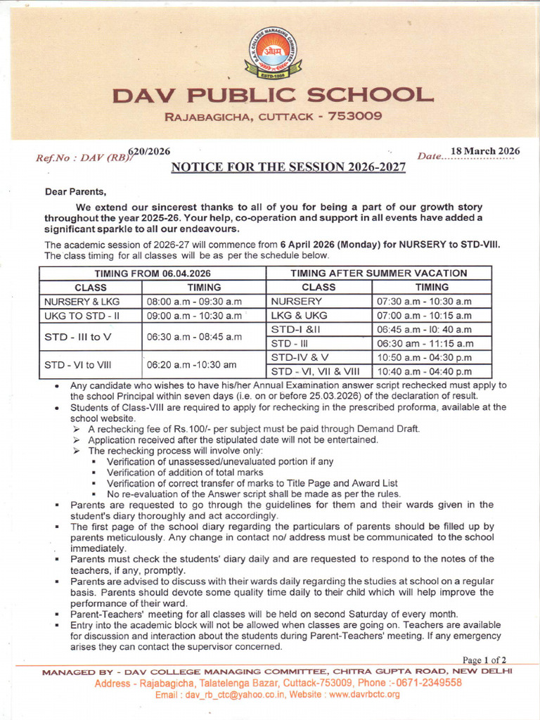 Notice For The New Session 2026-27 | PDF