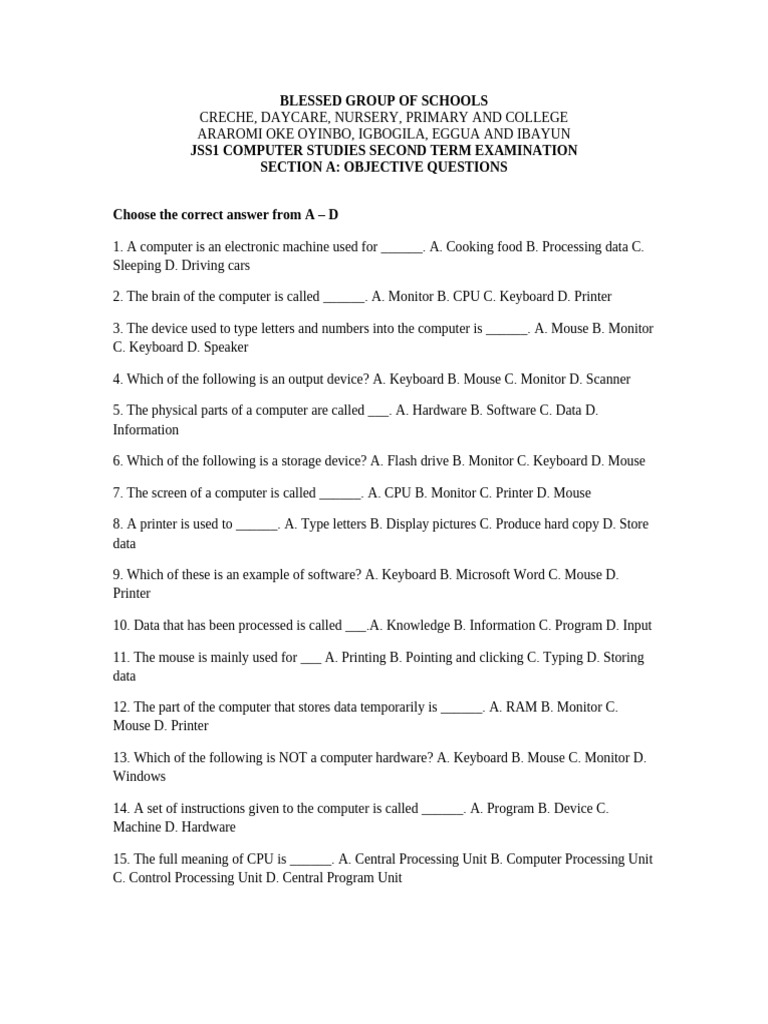 Computer Studies Exams JSS1-SSS3 | PDF | Computer Data Storage ...