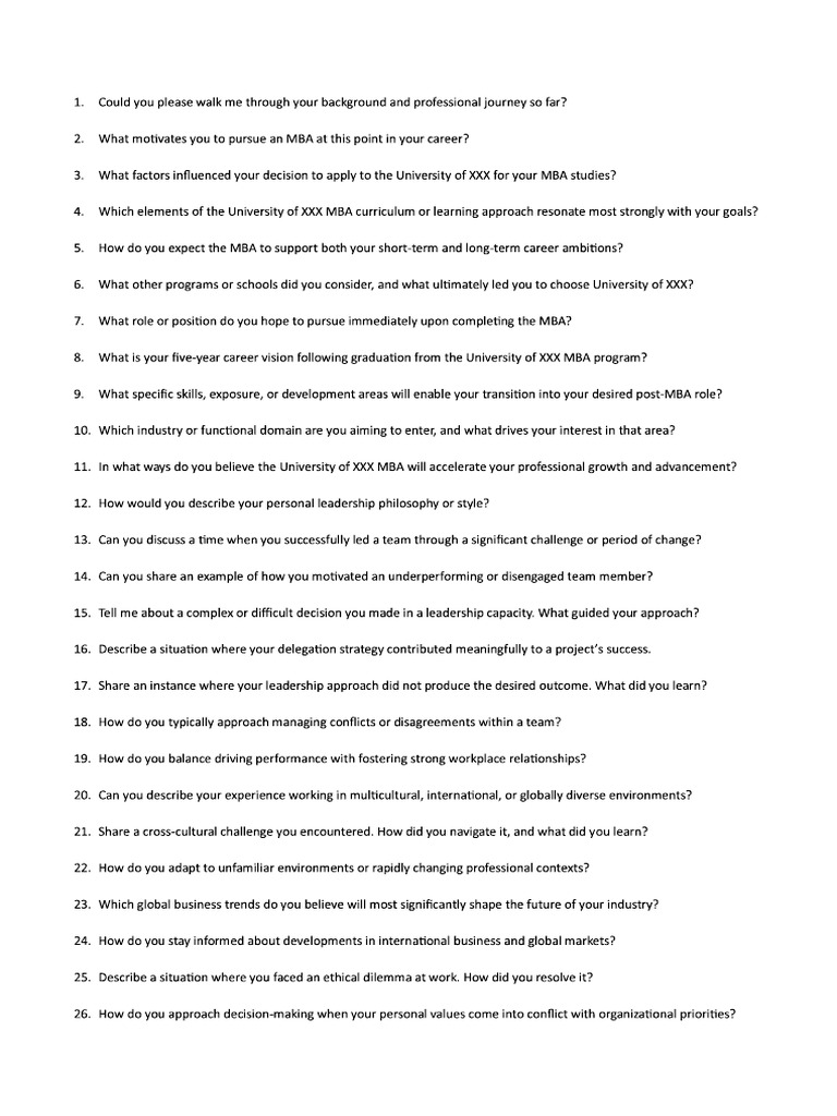 Sample MBA Interview Questions | PDF