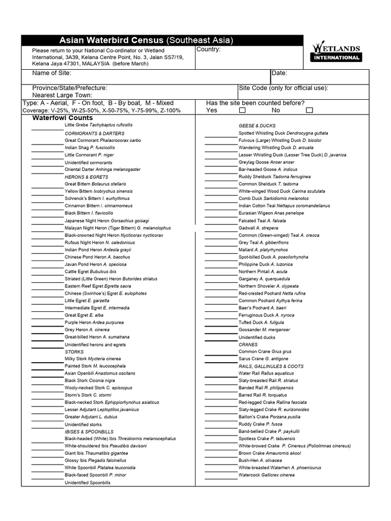 Awc Count Form-Se Asia2022 | PDF | Ornithology | Birds