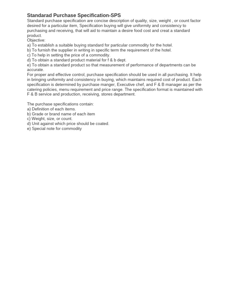 Standard Purchase Specification | PDF