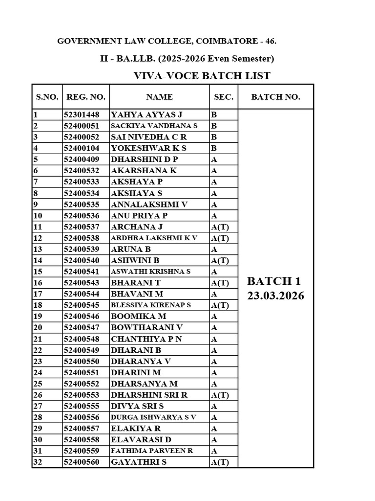 II Ballb 25-26 Viva Batch Even Sem Date | PDF
