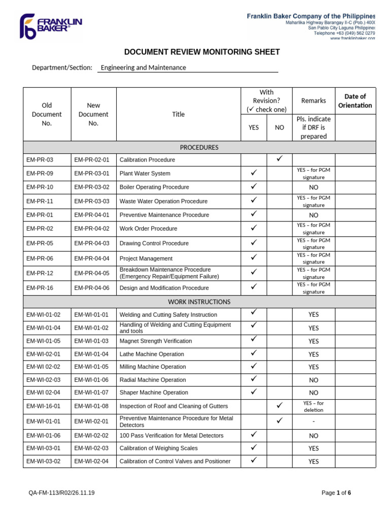 Engineering and Maintenance - Document Review Monitoring Sheet | PDF