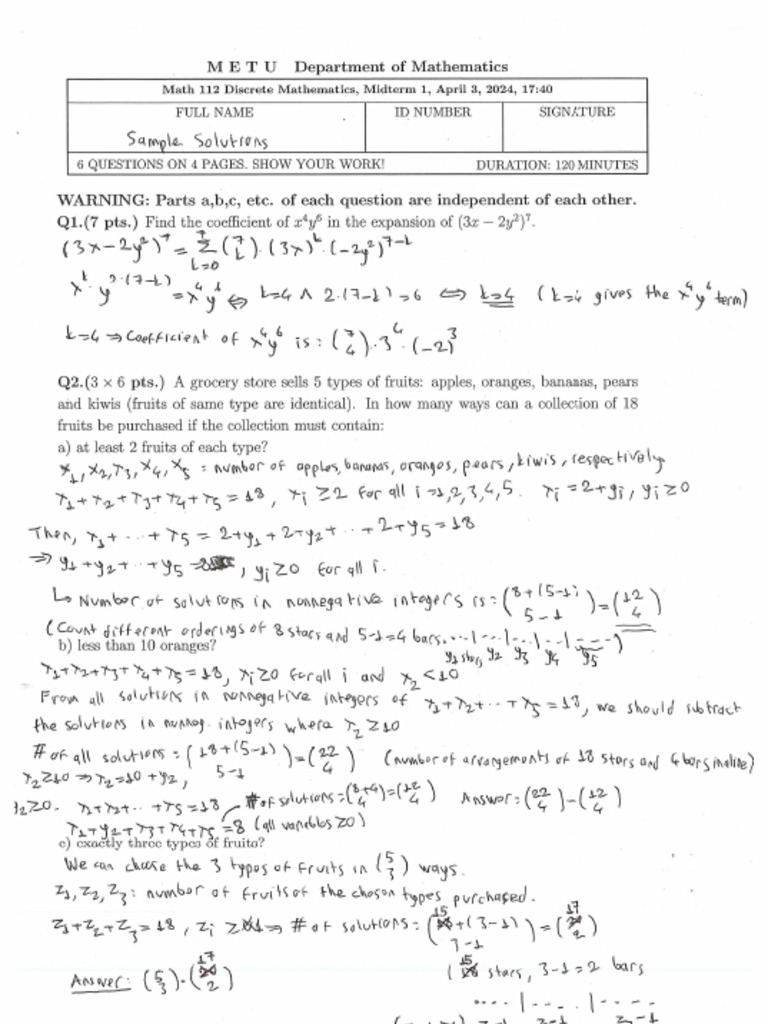 Solutions - MT1 - Math 112 - Spring 2024 | PDF