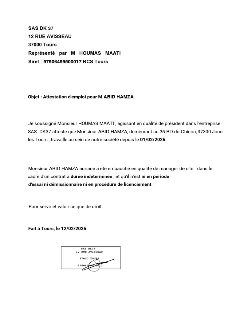 Attestation Employeur Abid | PDF