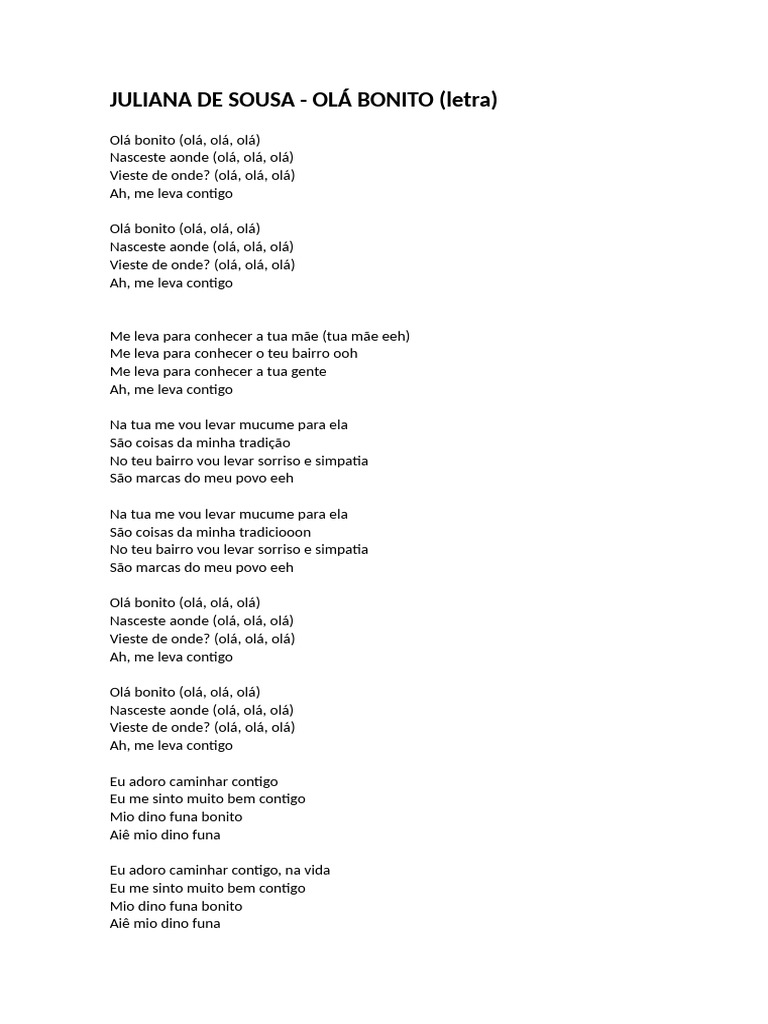 JULIANA DE SOUSA - OLÁ BONITO (Letra) | PDF
