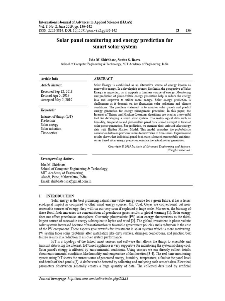 Solar Panel Monitoring and Energy Prediction For S | PDF ...