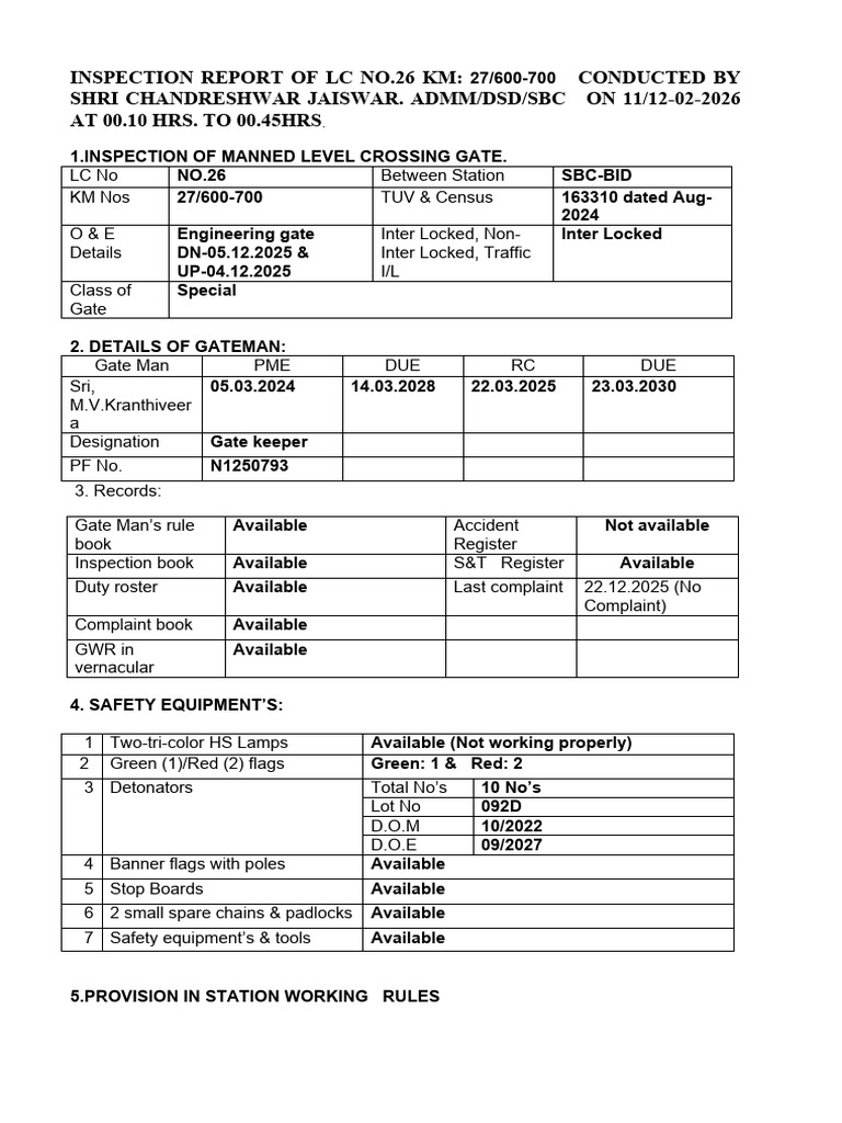 Inspection Report of LC No.26 KM: Conducted by Shri Chandreshwar ...