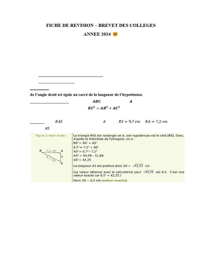 Fiche de Revision Brevet Math | PDF | Triangle | Équations