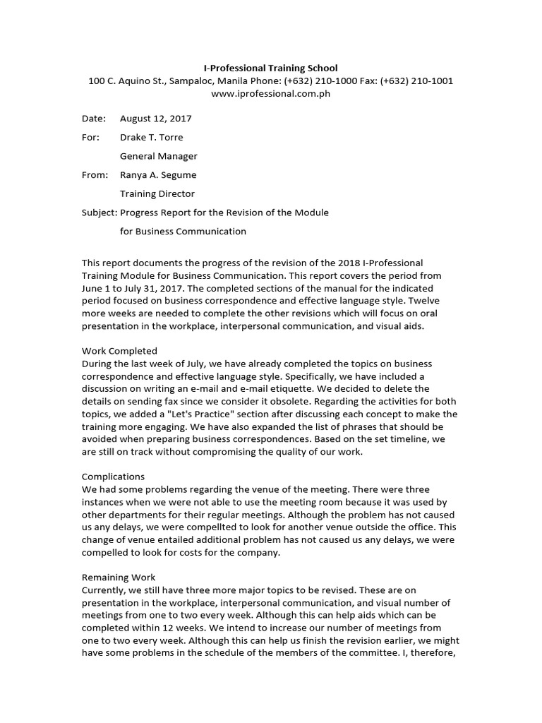 Sample Progress Report | PDF | Communication | Human Communication
