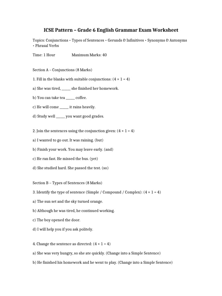 Grade 6 ICSE English Grammar Advanced Worksheet | PDF | English Grammar ...