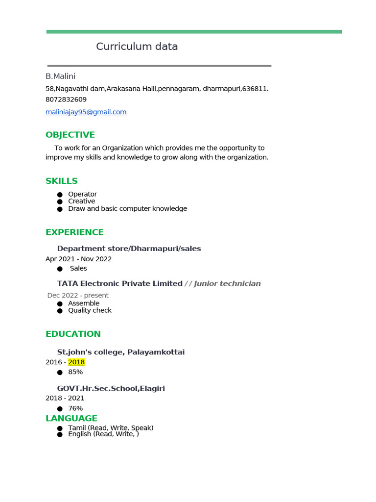 Curriculum Data: Objective | PDF